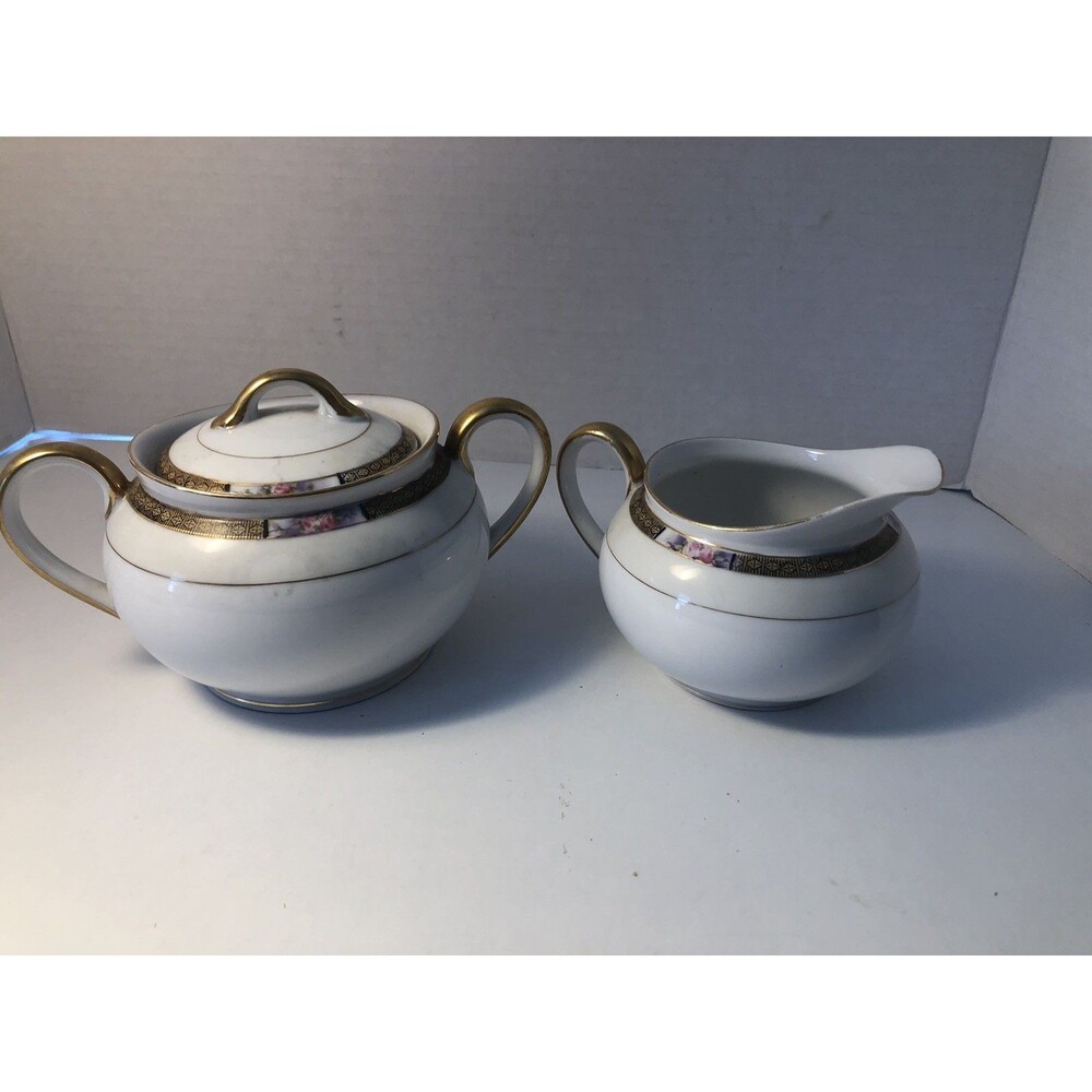 Vtg. Set Noritake Sugar Bowl With Lid & Creamer Japan Pink Rose Green Mark